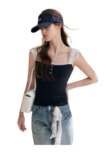 Lace Edge Wide Strap Knit T-Shirt