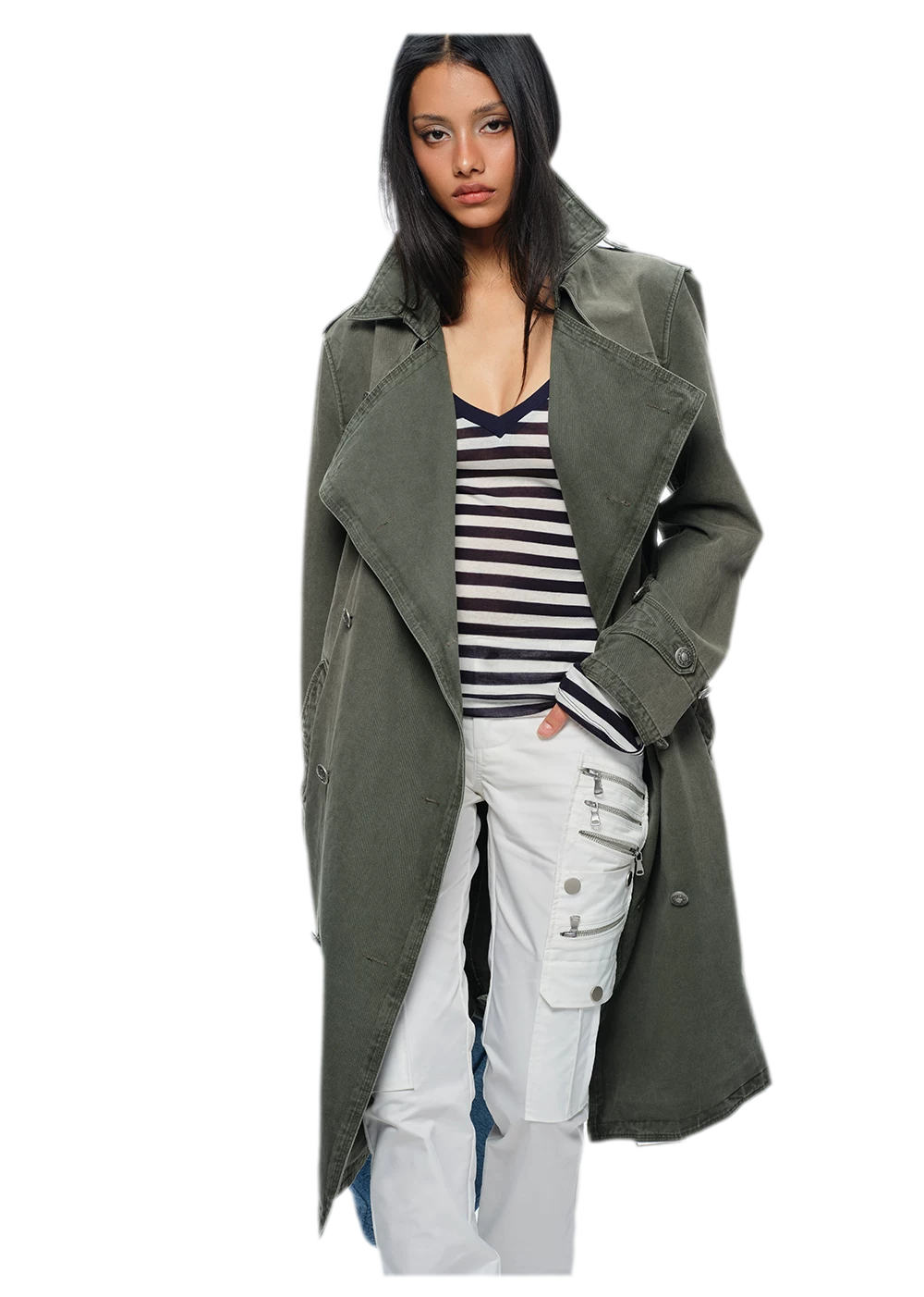 Washed Military Green Trench Coat