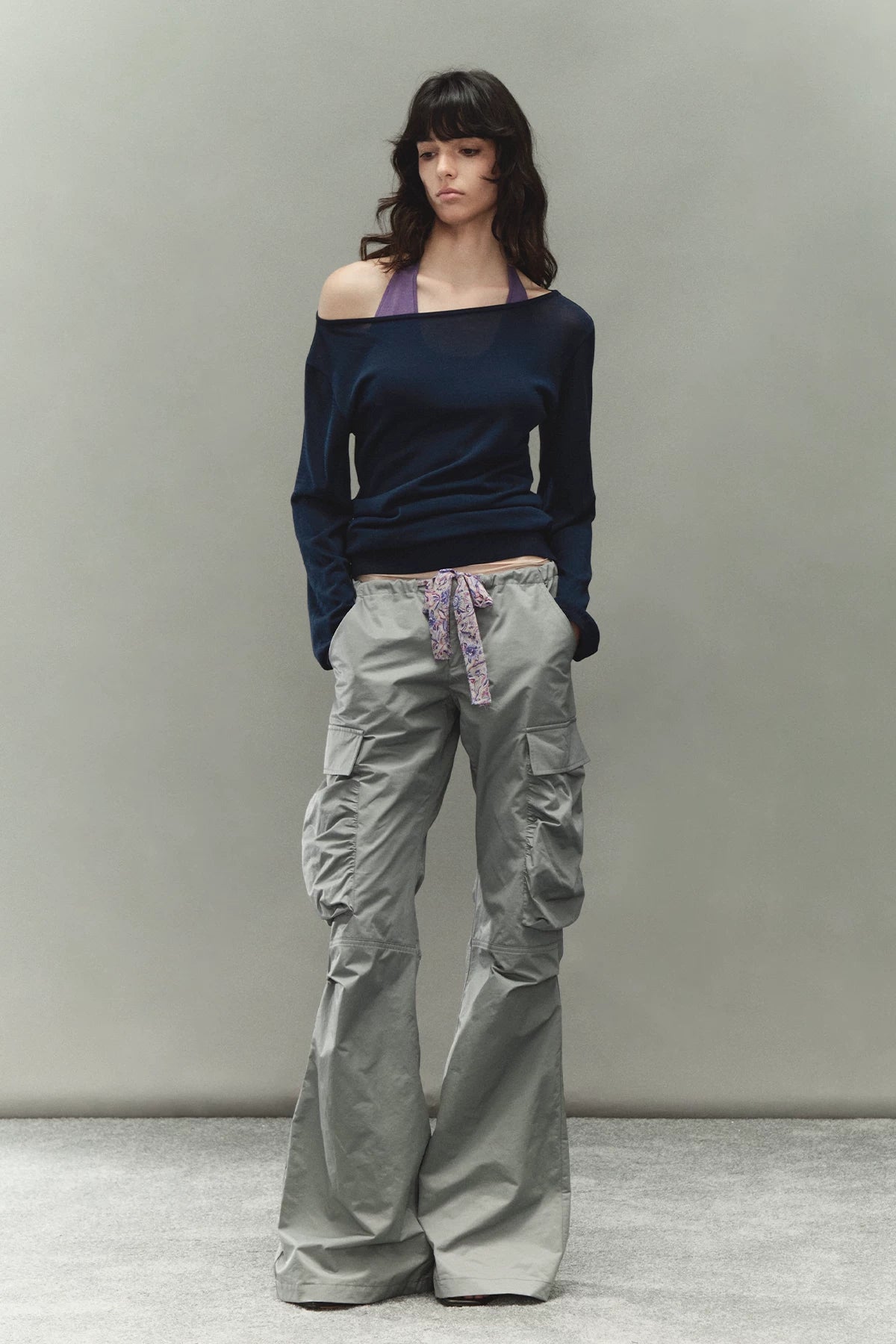 Printed Waistband Drawstring Multi-Pocket Low-Waist Cargo Pants