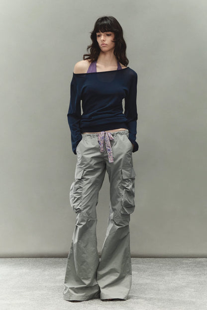 Printed Waistband Drawstring Multi-Pocket Low-Waist Cargo Pants
