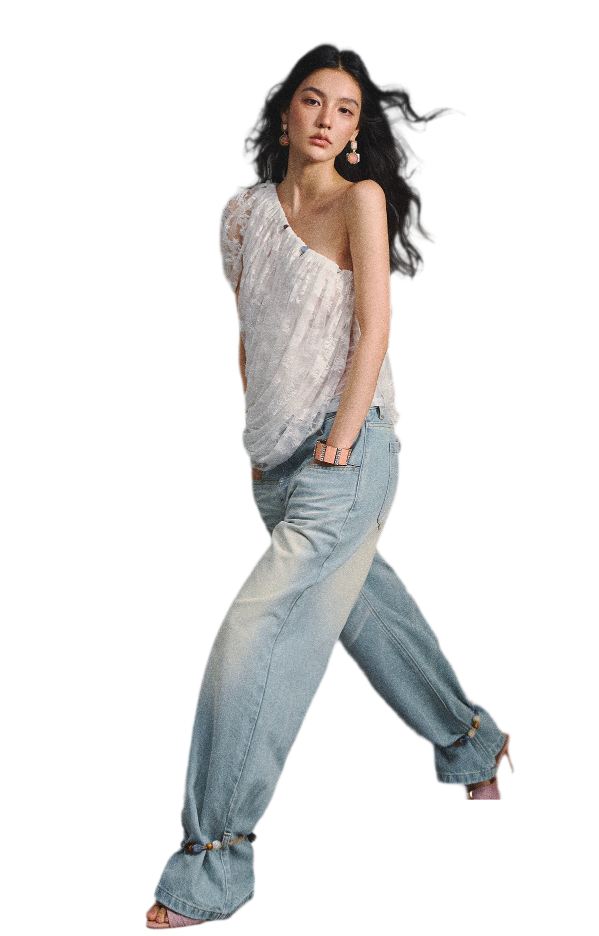 Lace Ruched Asymmetric Top