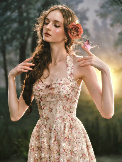 Forest Rose French Retro Floral Halter Long Dress