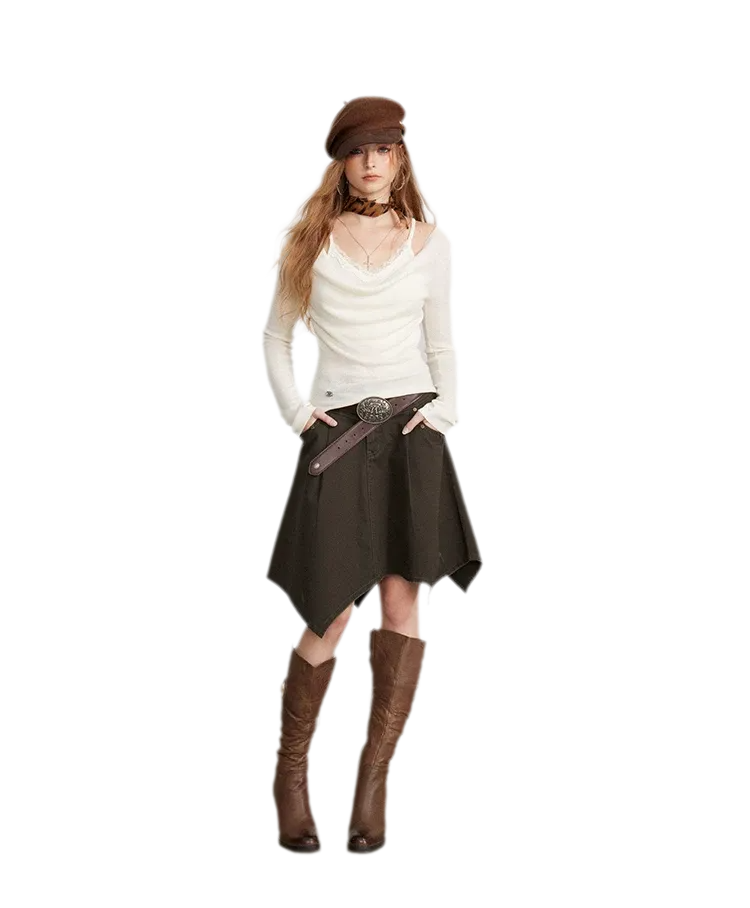 Draped Lace Trim Knit Top