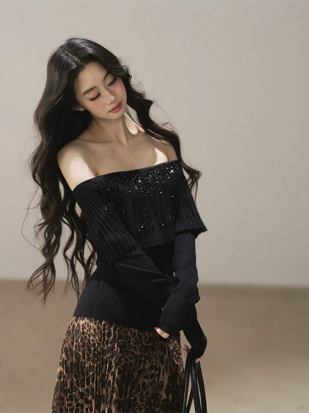 Pleated One-Shoulder Long-Sleeve Top