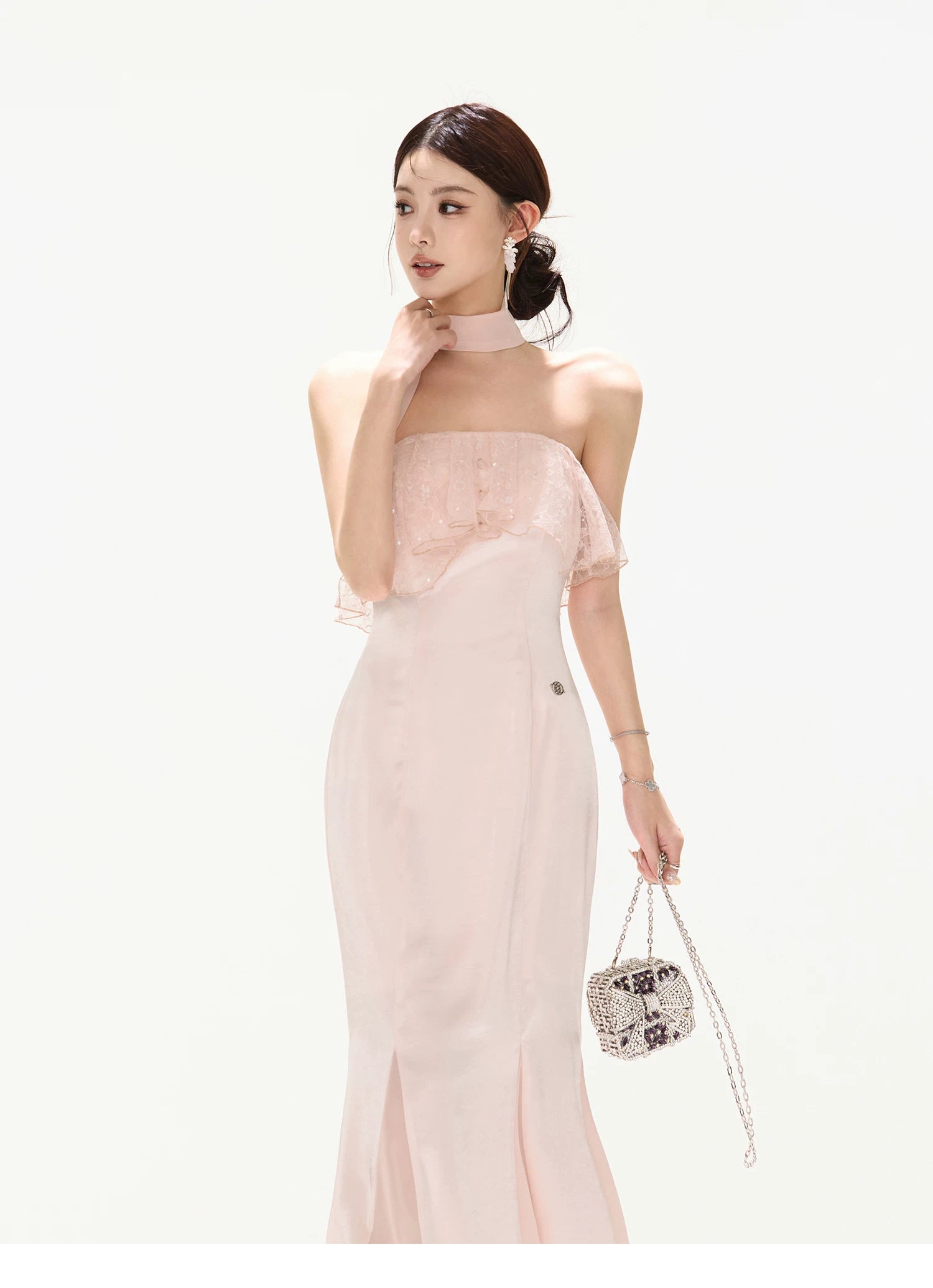 Strapless Lace Ruffle Fishtail Long Dress in Champagne