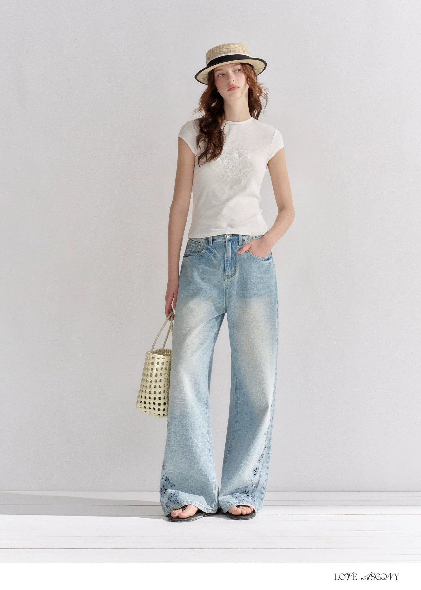 Embroidered Washed Wide-Leg Jeans