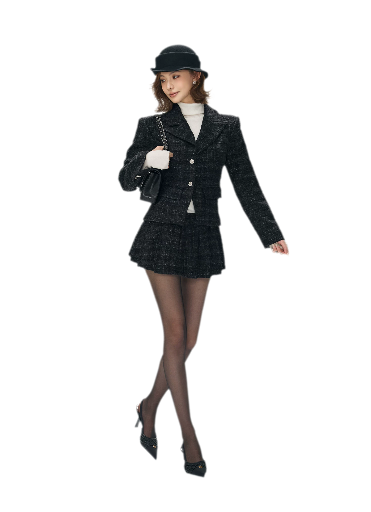 Tweed Jacket Pleated Skirt Set