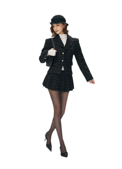 Tweed Jacket Pleated Skirt Set
