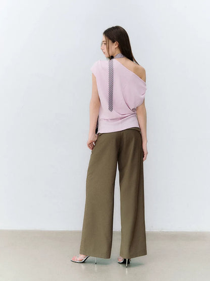 Asymmetric Shoulder Heart Logo Ruched Waist T-shirt