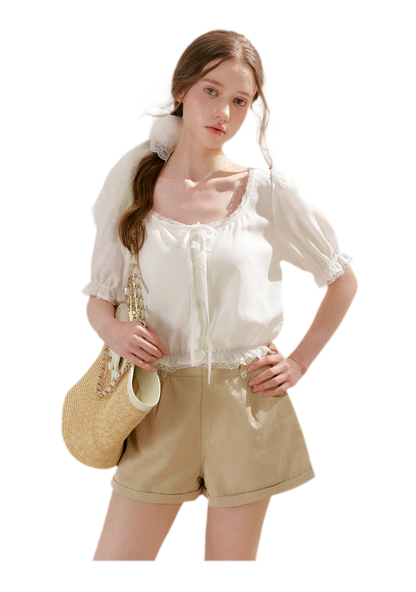 Lace Trim Puff Sleeve T-Shirt