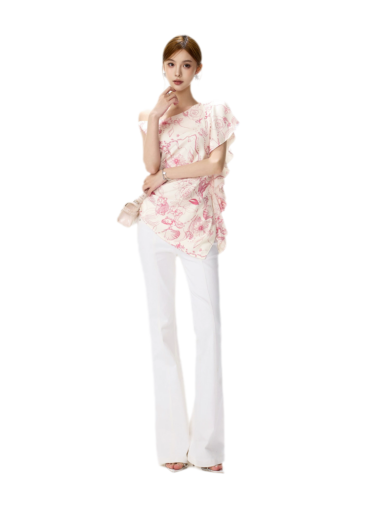 Printed One-Shoulder Ruffle Top