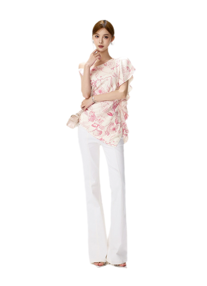 Printed One-Shoulder Ruffle Top