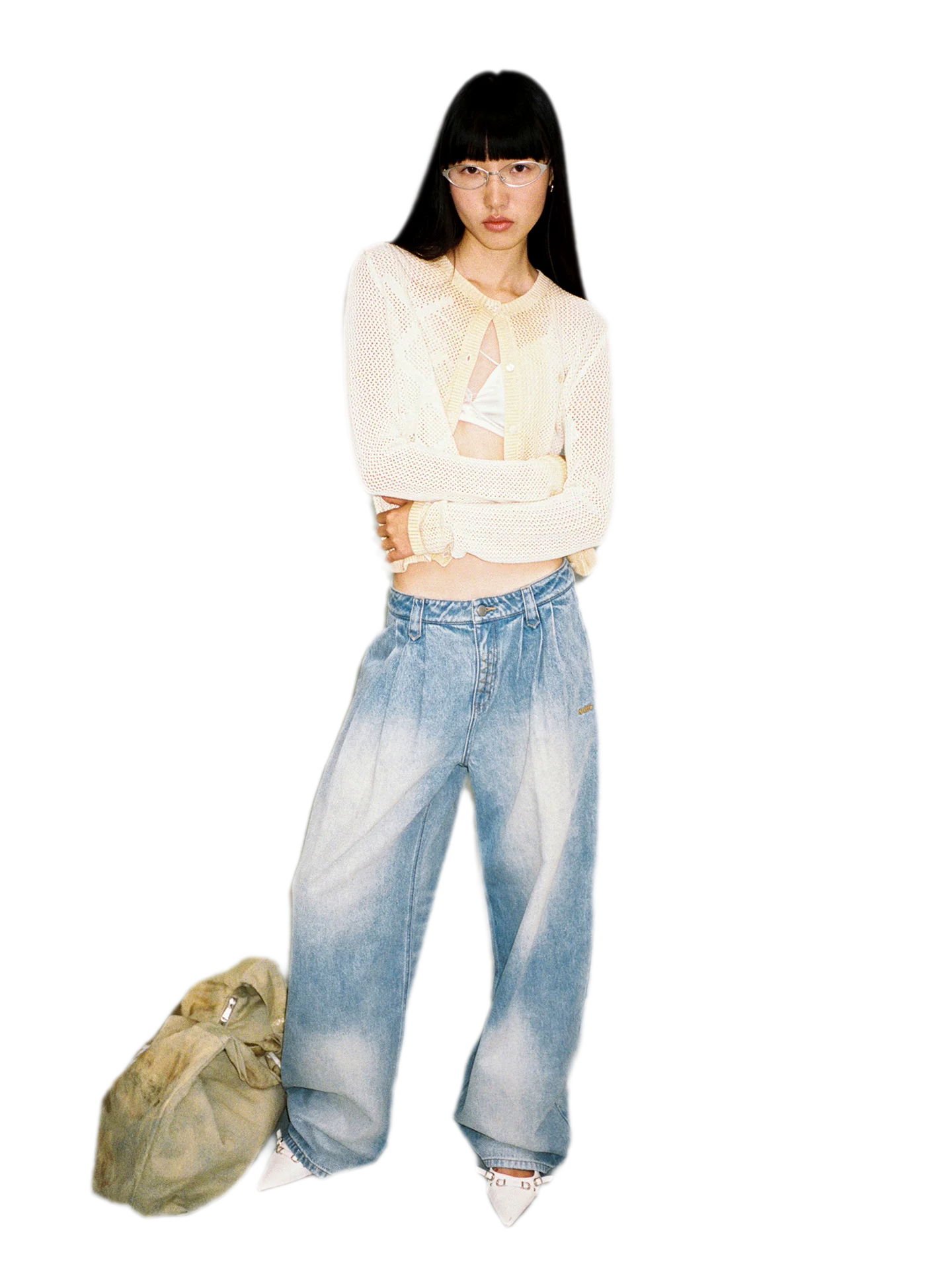 Washed Pleated Wide-Leg Jeans