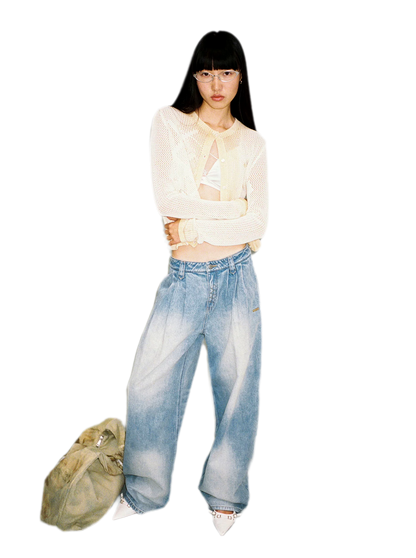 Washed Pleated Wide-Leg Jeans