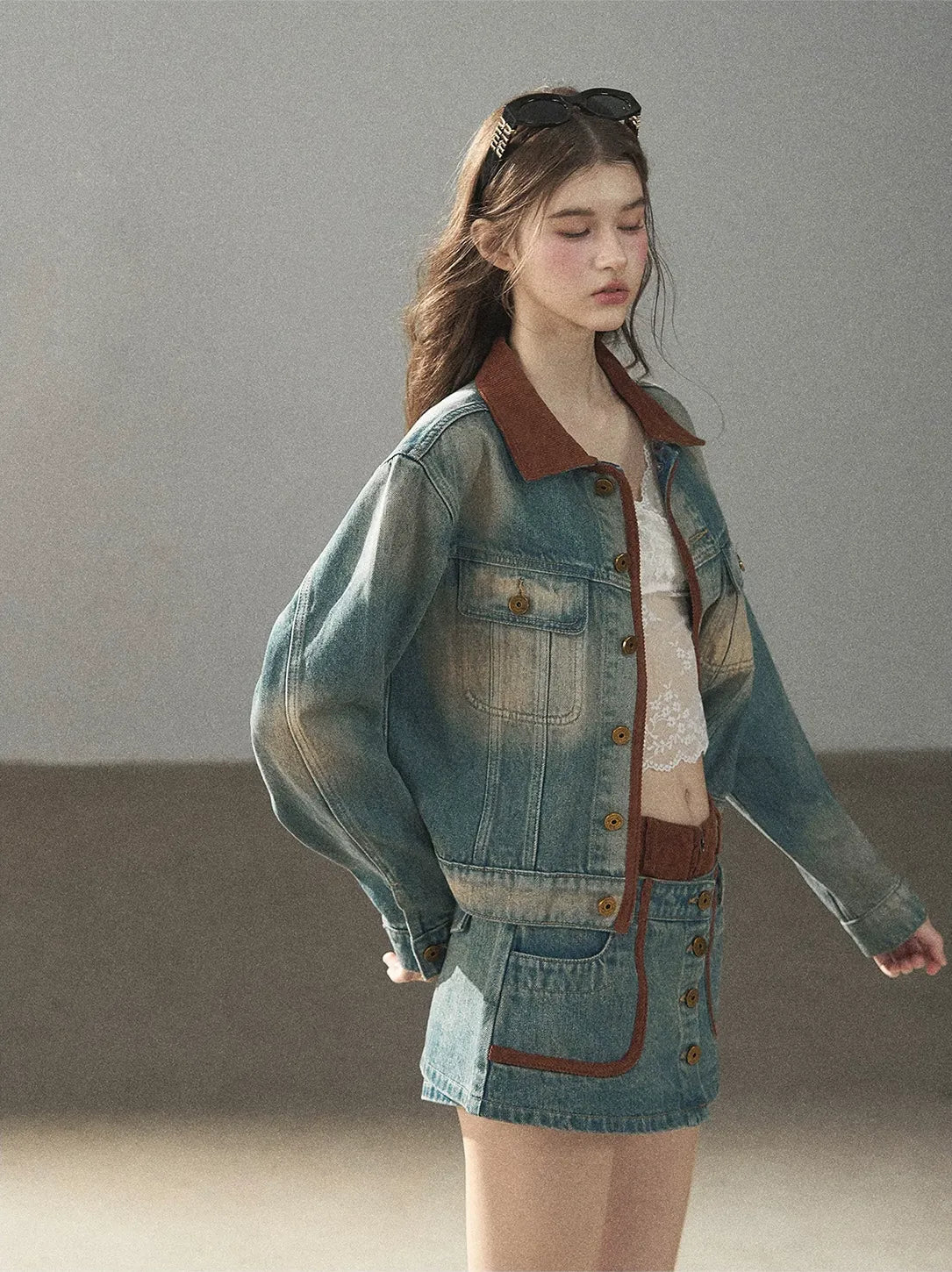 Washed Denim Jacket Skirt Set