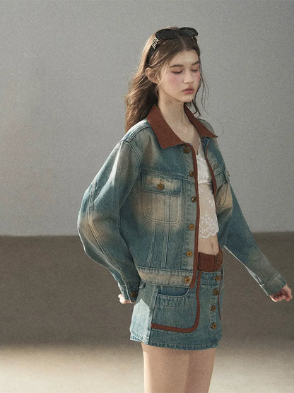 Washed Denim Jacket Skirt Set