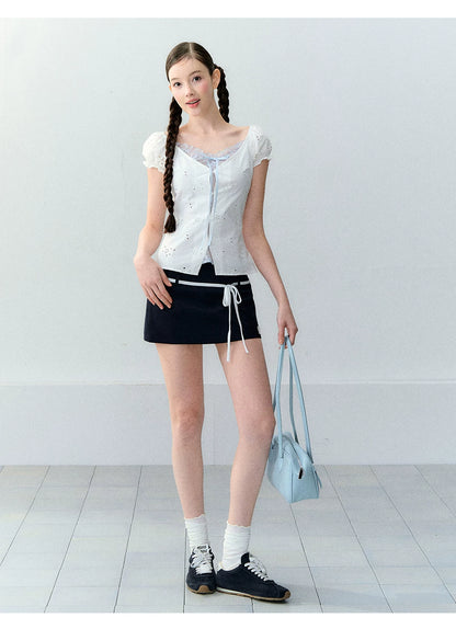 Sweet Elastic Puff Sleeve Lace Short Sleeve Top