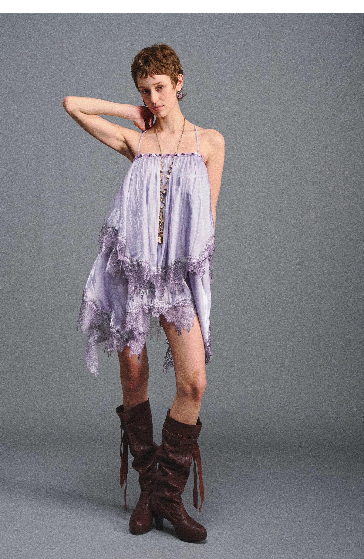 Lavender Galaxy Lace Satin Beaded Strap Dress