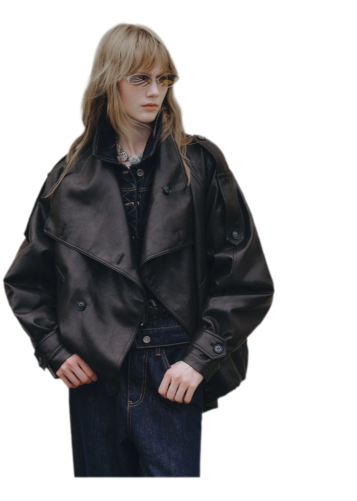 Faux-Leather Oversized Double-Breasted Jacket