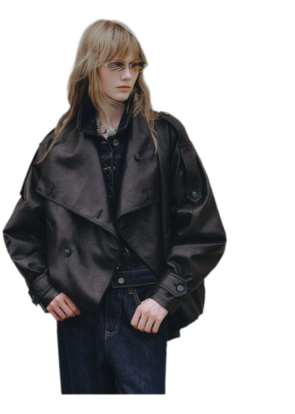 Faux-Leather Oversized Double-Breasted Jacket