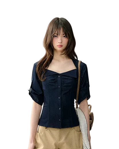 Korean Style Stretch Denim-Look Shirt