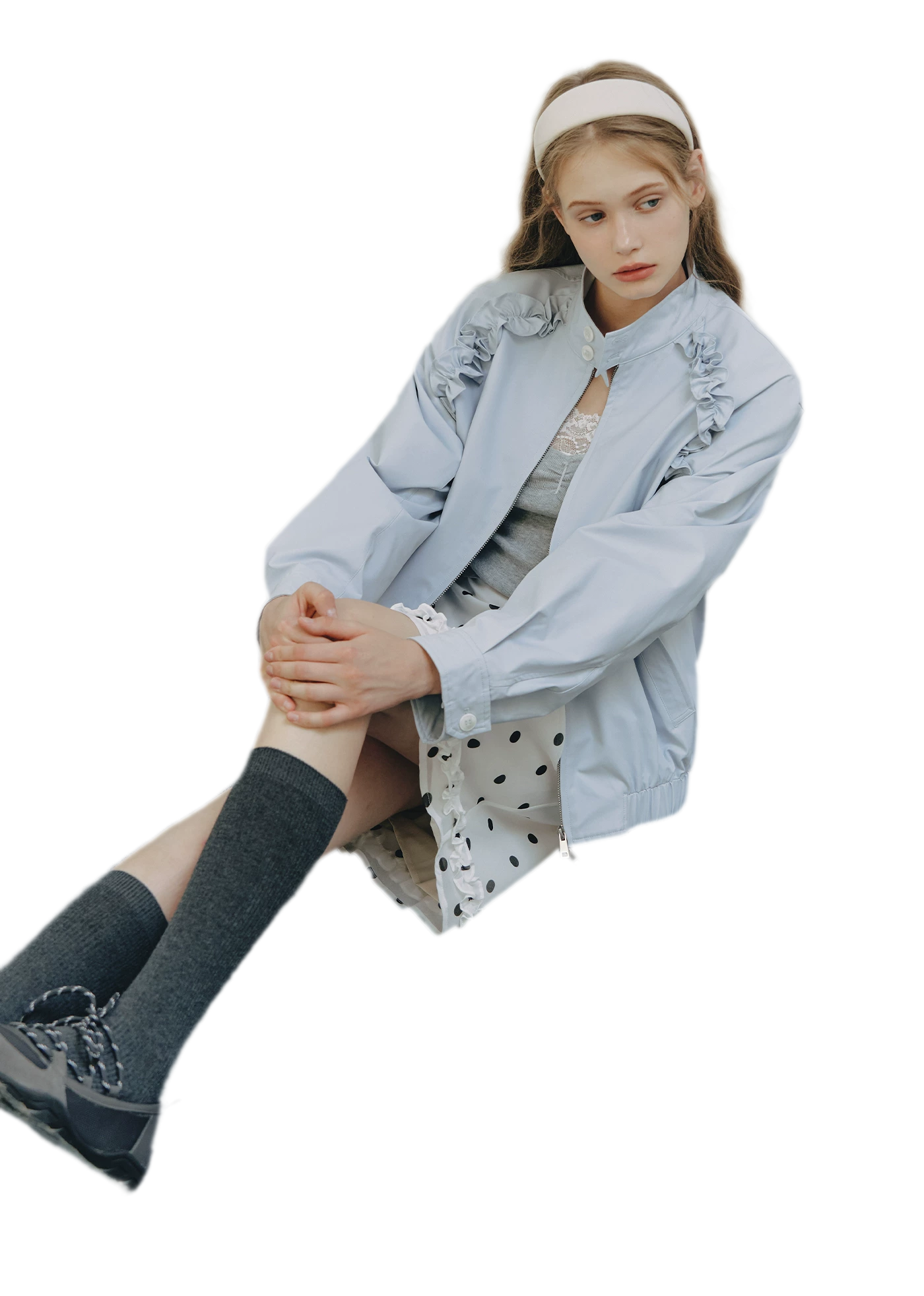 Ruffled Stand Collar Harrington Jacket