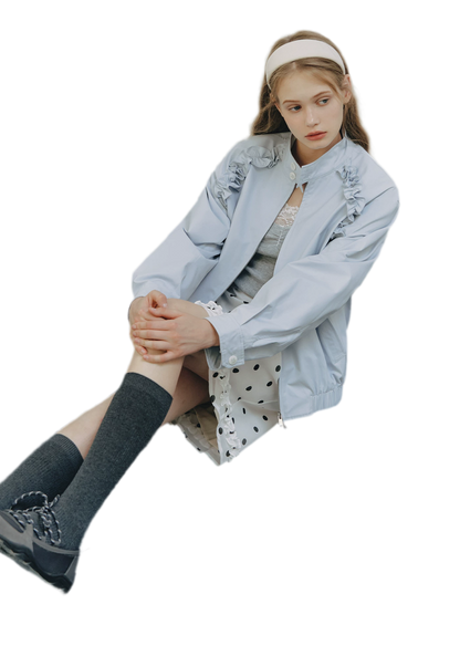 Ruffled Stand Collar Harrington Jacket