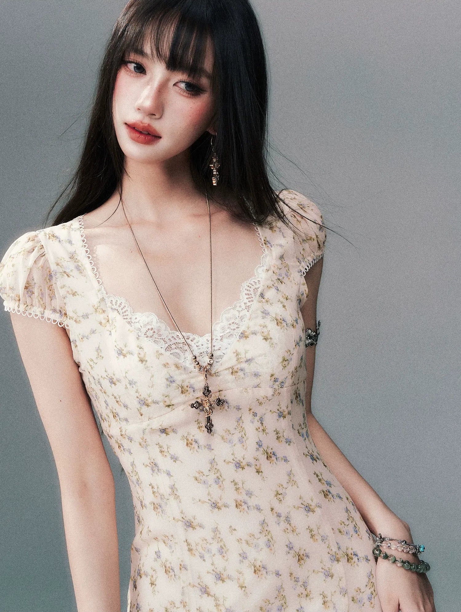 Lace V-Neck Long Dress