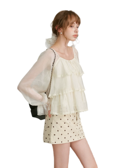 Chiffon Ruffle Lantern Sleeve Blouse