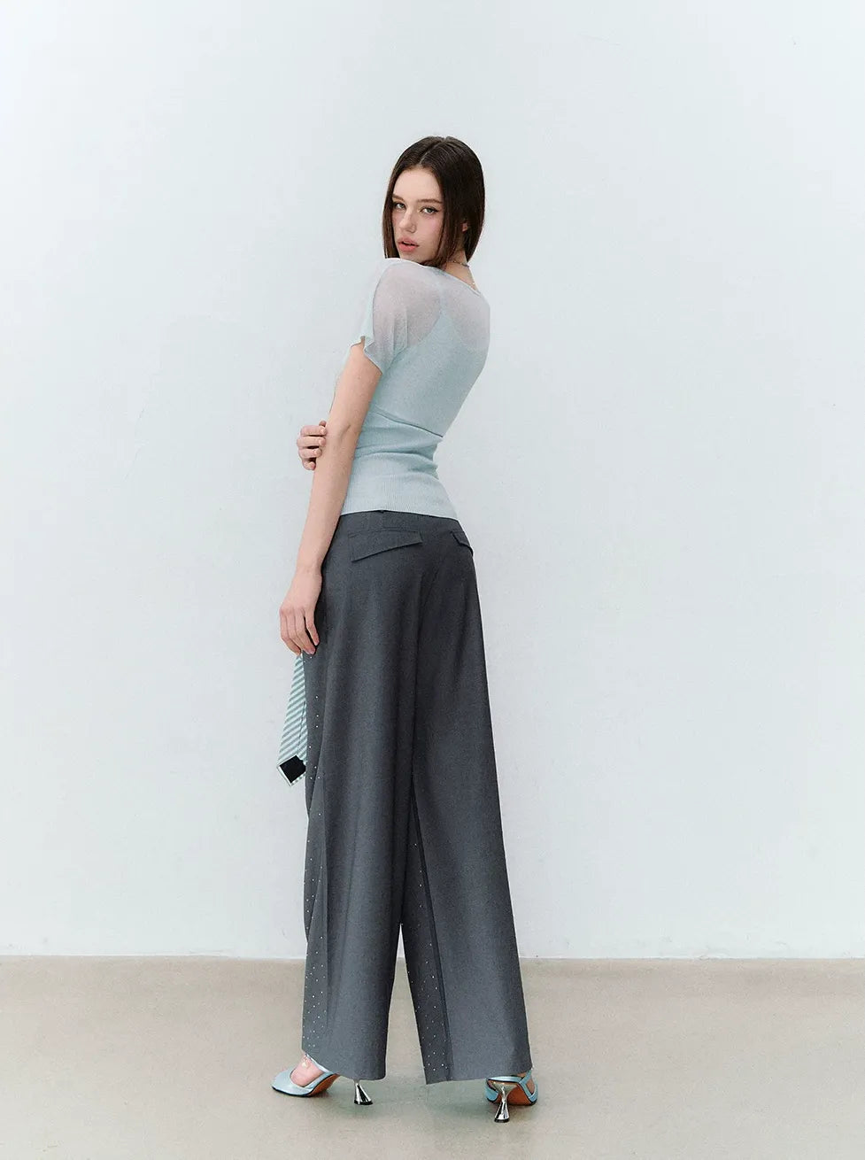 Rhinestone Pleated Waistband Wide-Leg Pants