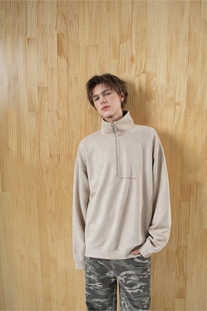 Faux Suede Oversize Polo Sweatshirt