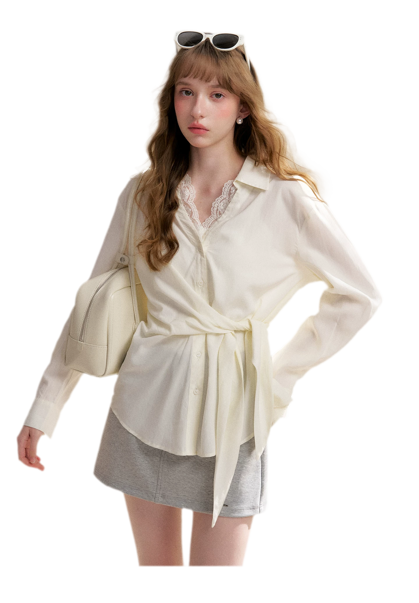 Tencel Lace V-Neck Long Sleeve Shirt