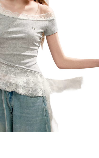 Asymmetric Lace Off-Shoulder T-Shirt