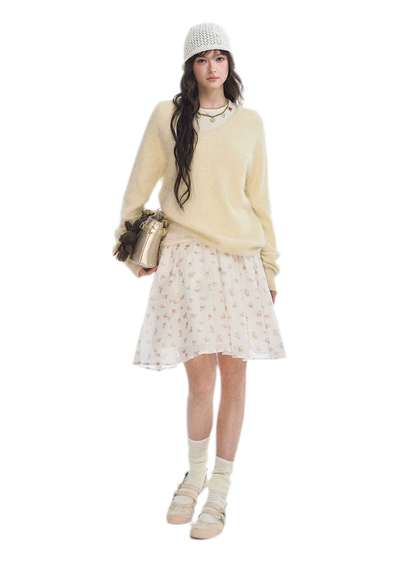 Pleated Floral A-Line Skirt