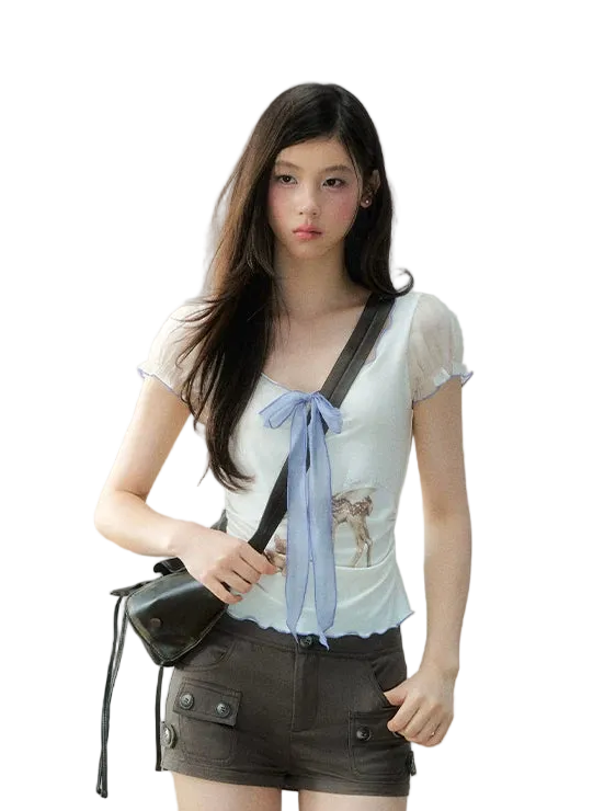 Korean Lyocell Deer Print Ribbon T-Shirt