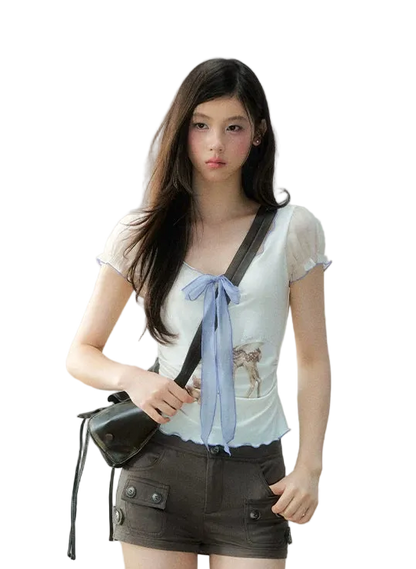 Korean Lyocell Deer Print Ribbon T-Shirt
