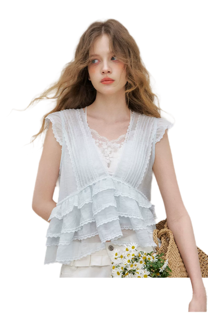 Organza Lace Ruffle Sleeveless Top