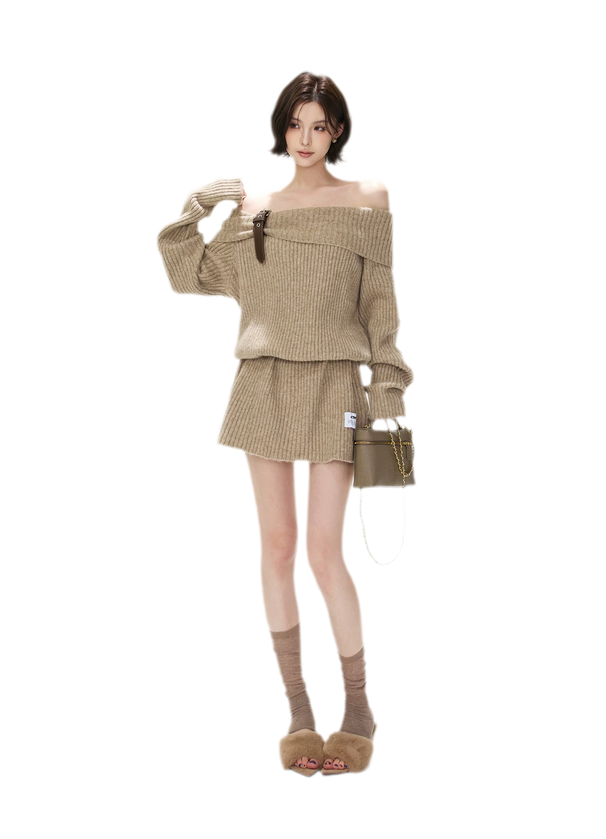 Aufgerautes geripptes One-Shoulder-Strickkleid