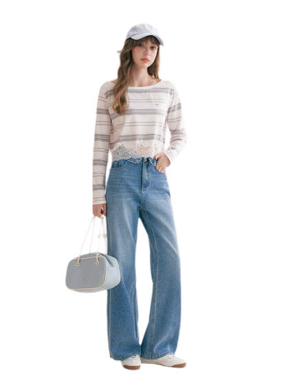 Cotton Lace-Trim Wide-Leg Jeans