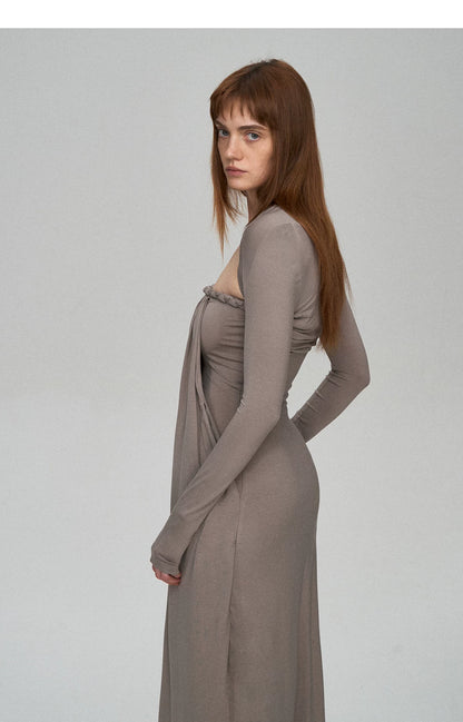 Sculptural 93% Lyocell Pleated Long Dress