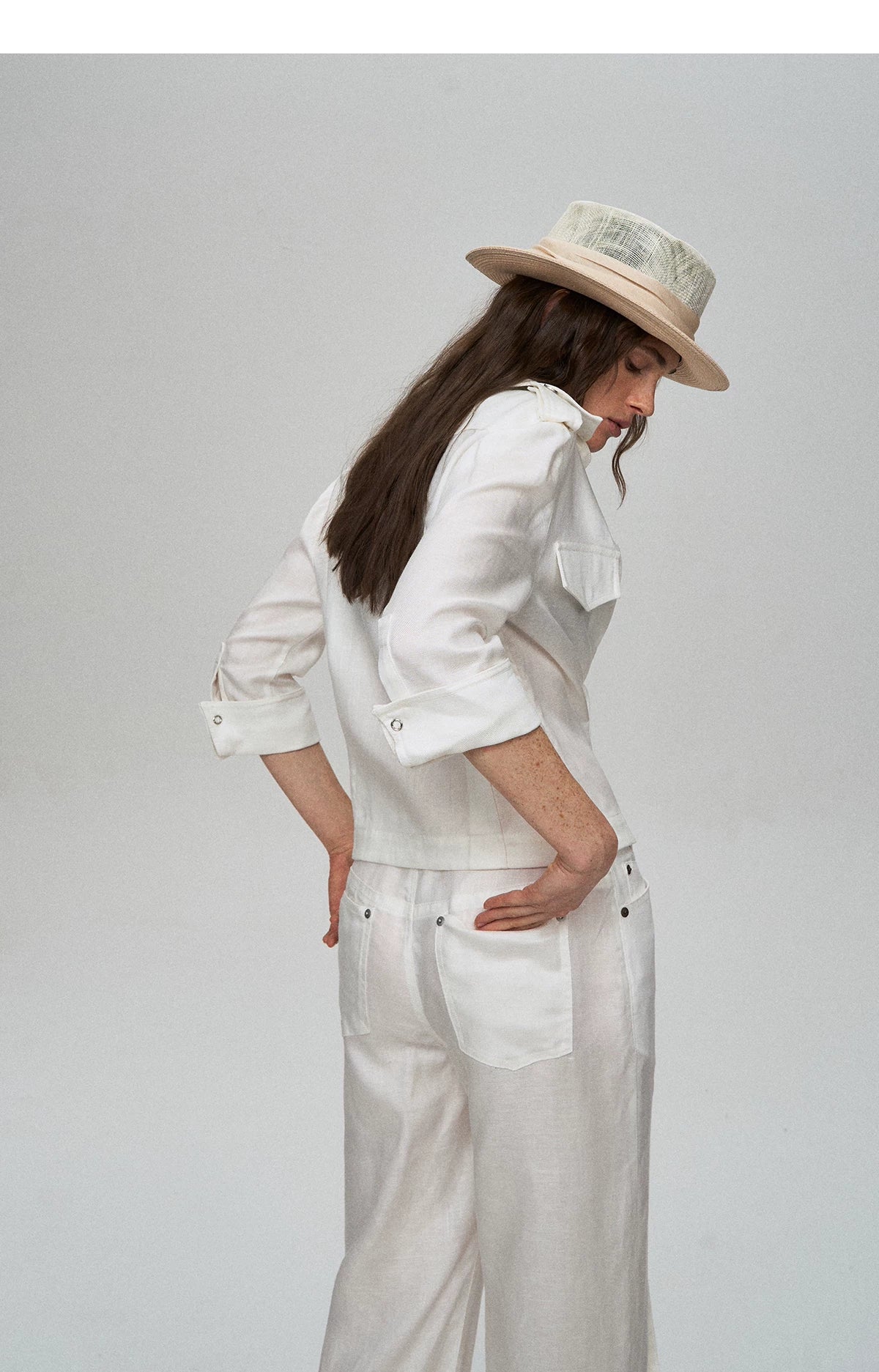 Tencel Linen Cool-Feel Mid-Sleeve Shirt &amp; High-Waist Wide-Leg