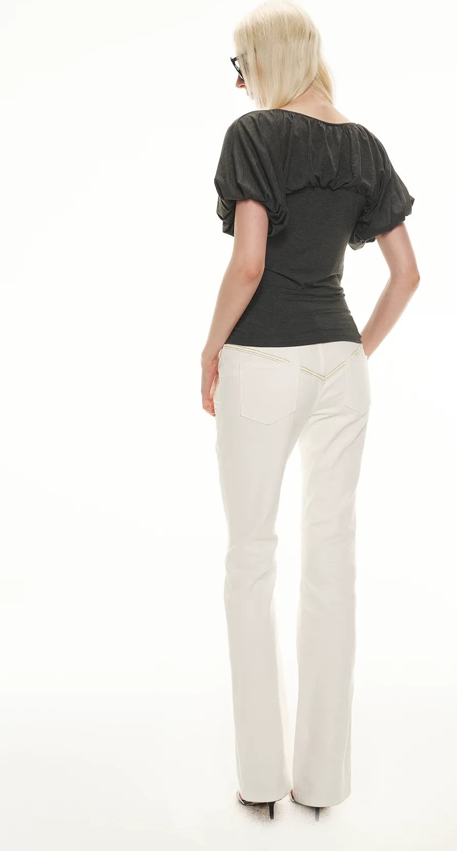 Soft Draped Puff Sleeve V-Neck Slim T-Shirt