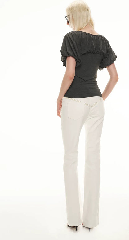 Soft Draped Puff Sleeve V-Neck Slim T-Shirt