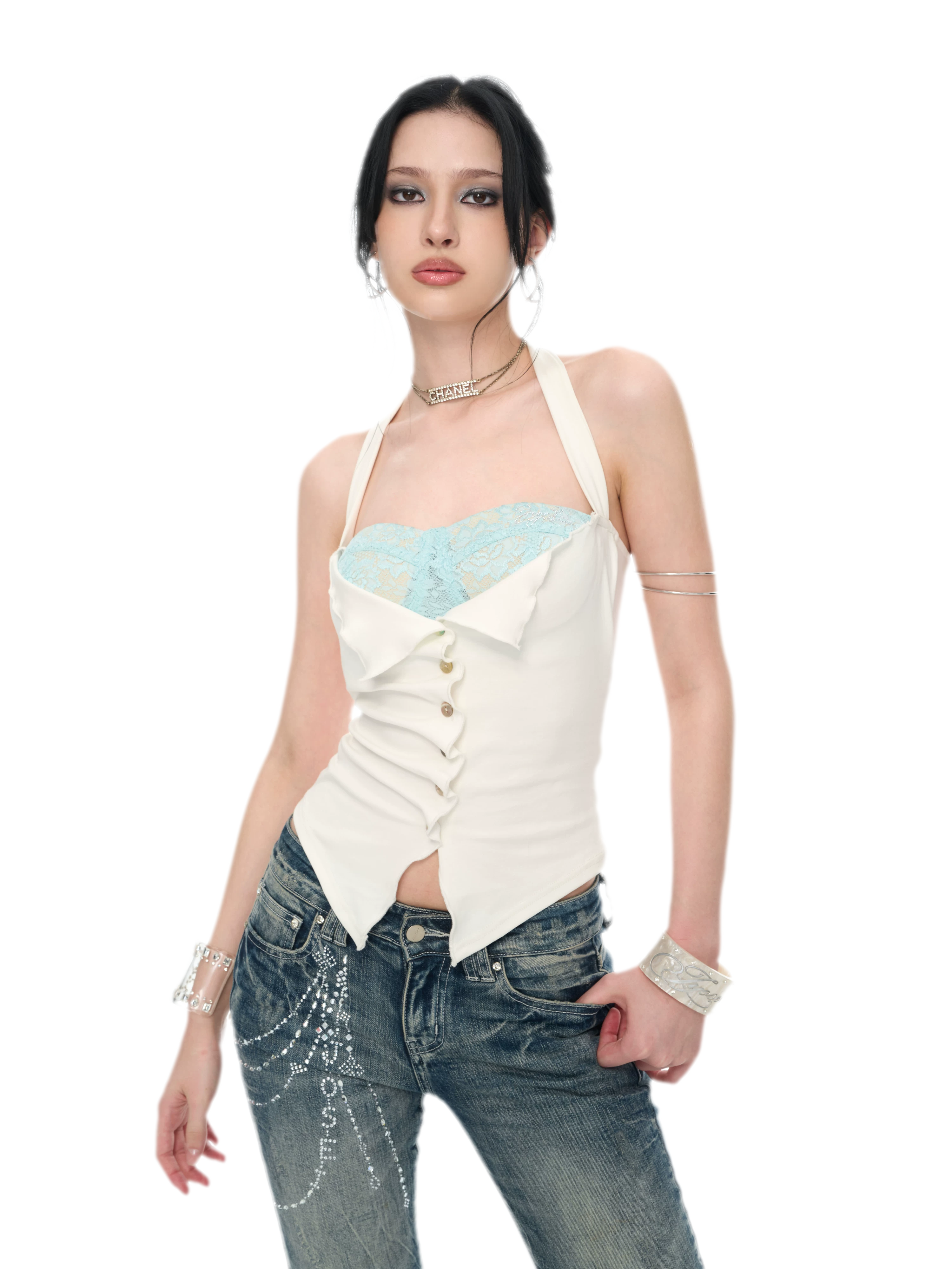 Original Peacock Blue Lace Halter Top