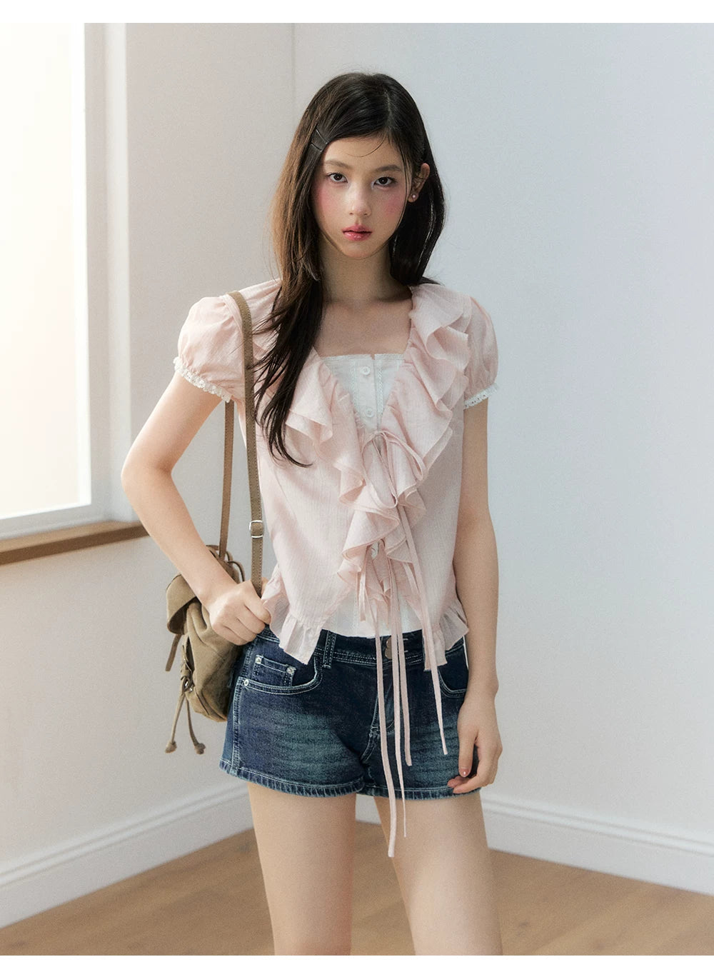 Vintage Ruffle Lace Waist-Tie Puff Sleeve Shirt