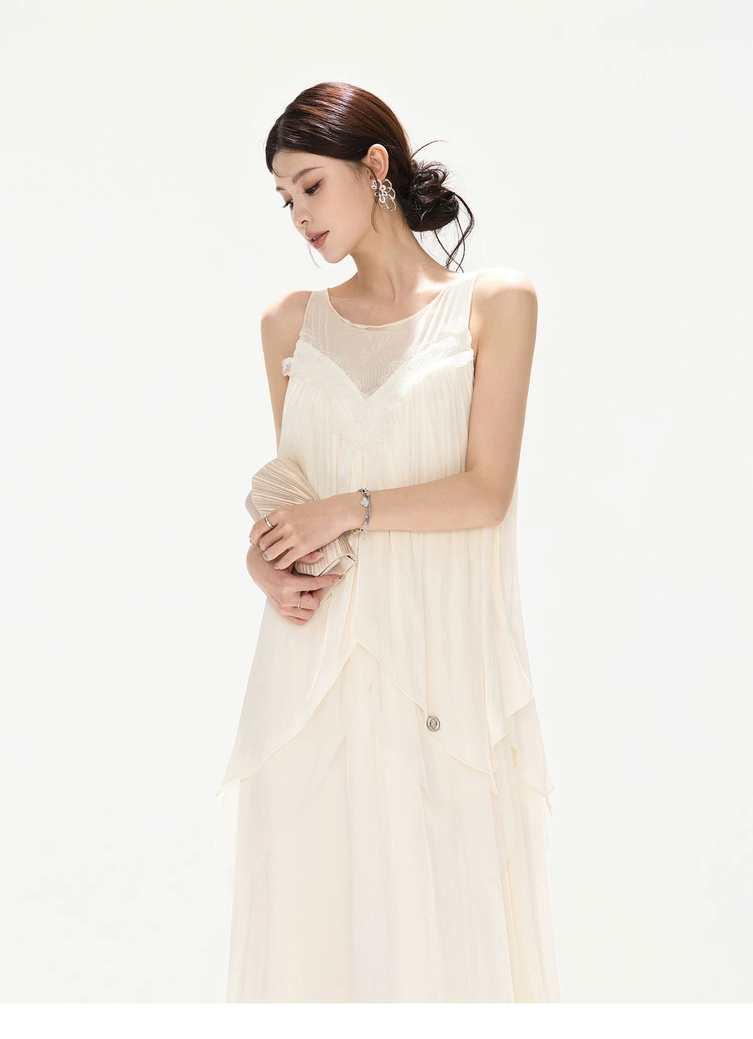 Sleeveless Mesh Spliced Ruffle Long Dress