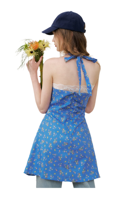 Romantic French Halter V-neck Floral Dress