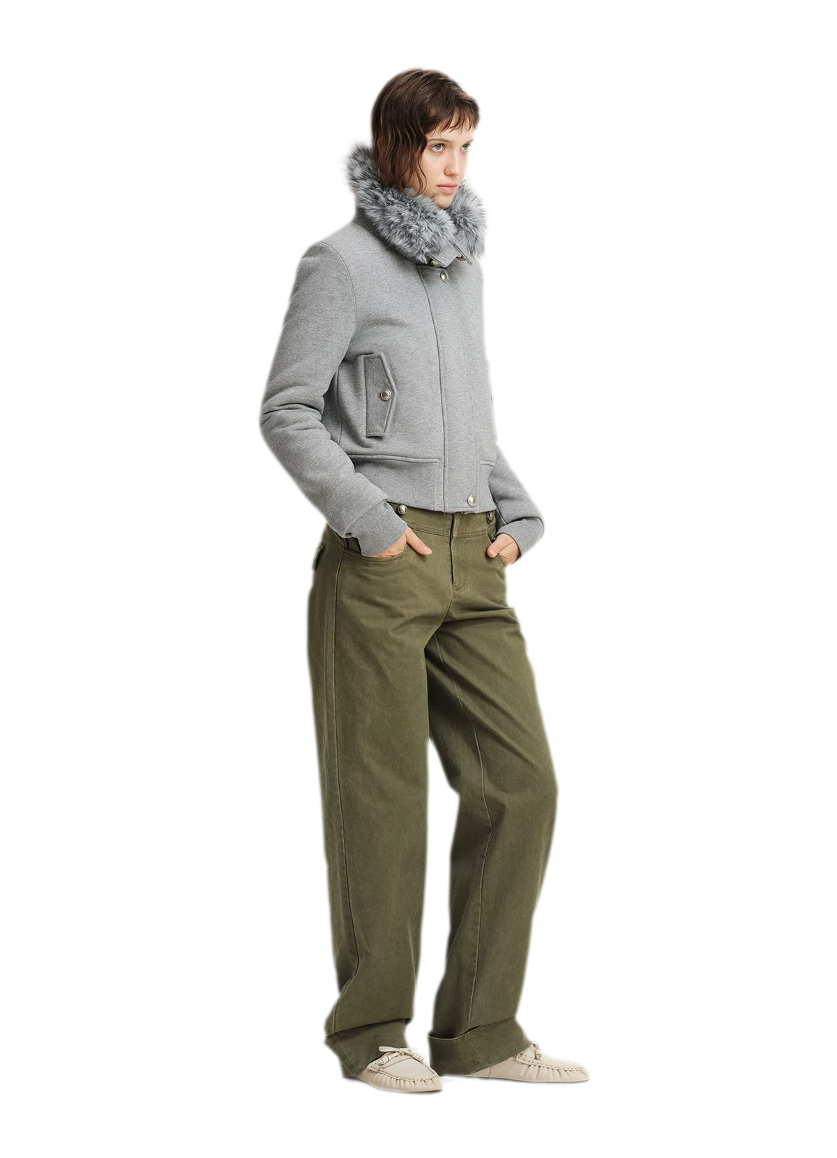 Conjunto de sudadera corta con cuello de pelo sintético