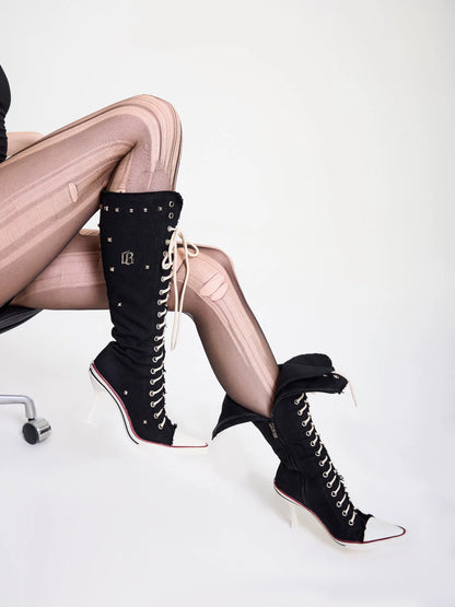 Studded Canvas Knee-High Boots