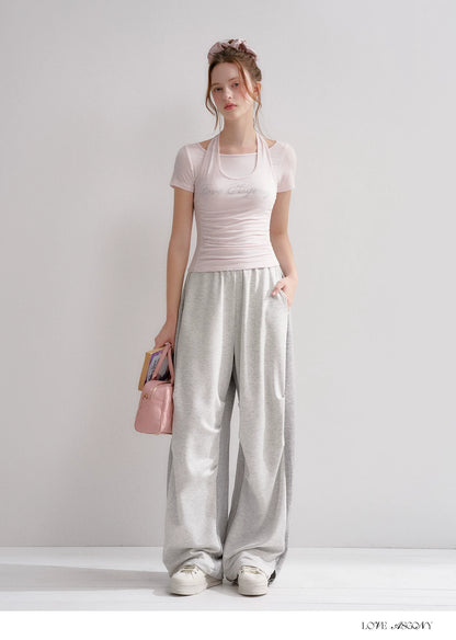 Lyocell Rhinestone Pleated Short Sleeve T-Shirt